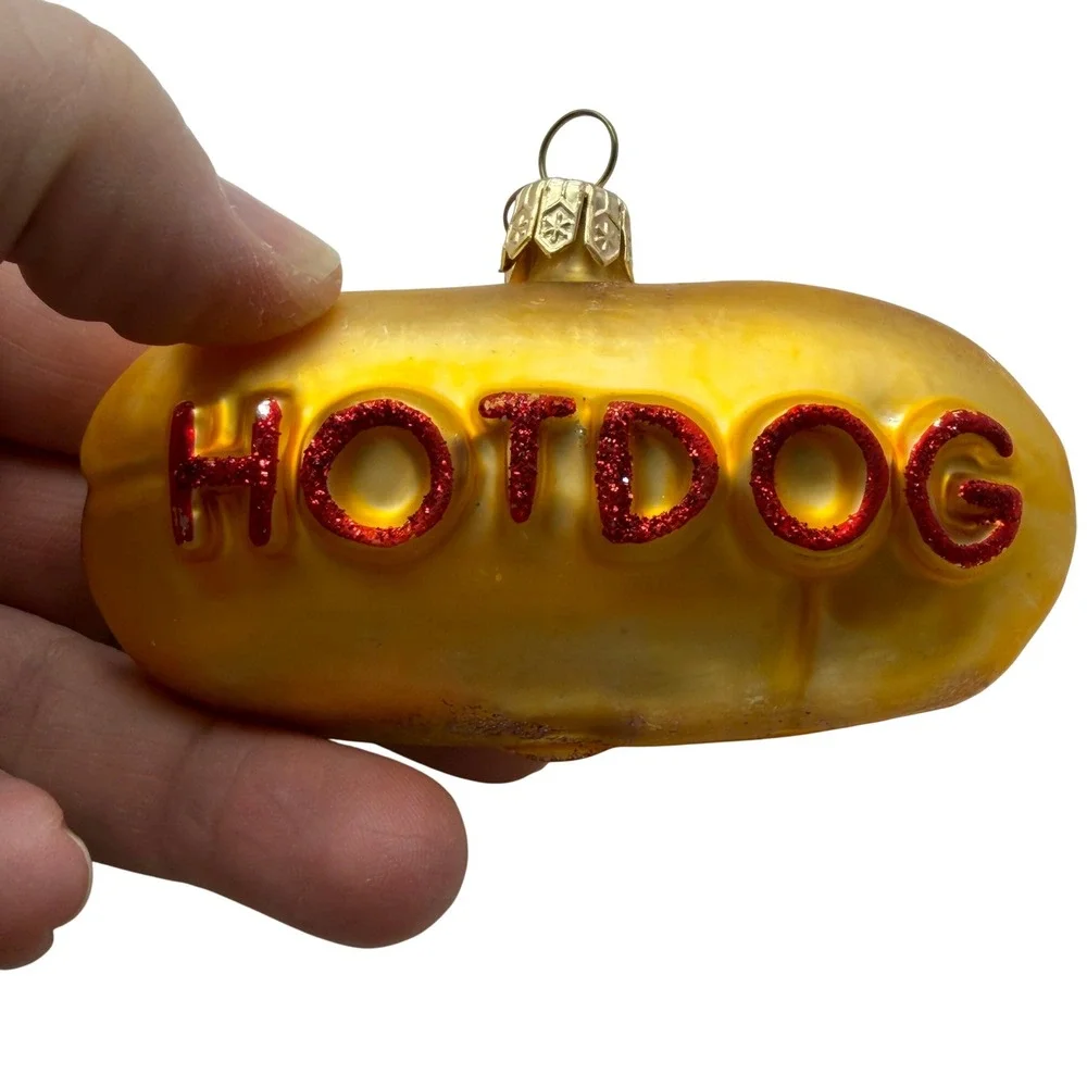 Vintage Hot Dog Glass Christmas Ornament with Ketchup Bottle Charm Red Gold